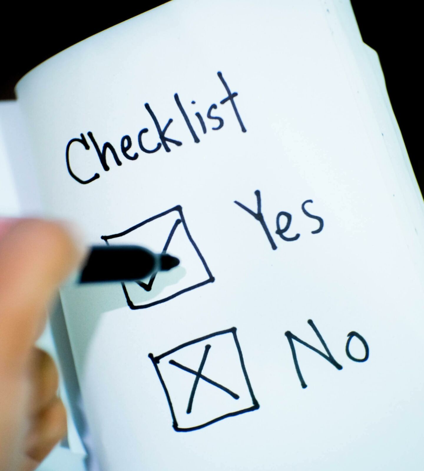 Handwritten checklist with yes and no checkboxes