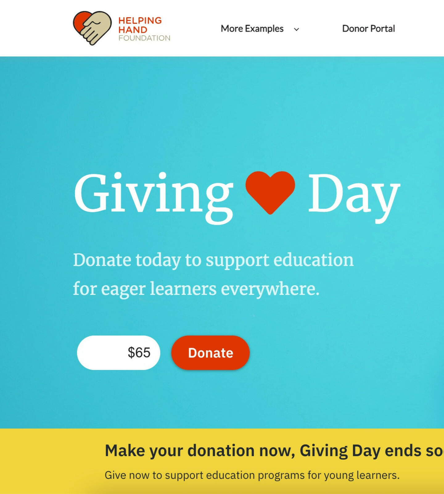 Giving day landing page example with donation button and boy wearing a graduate cap