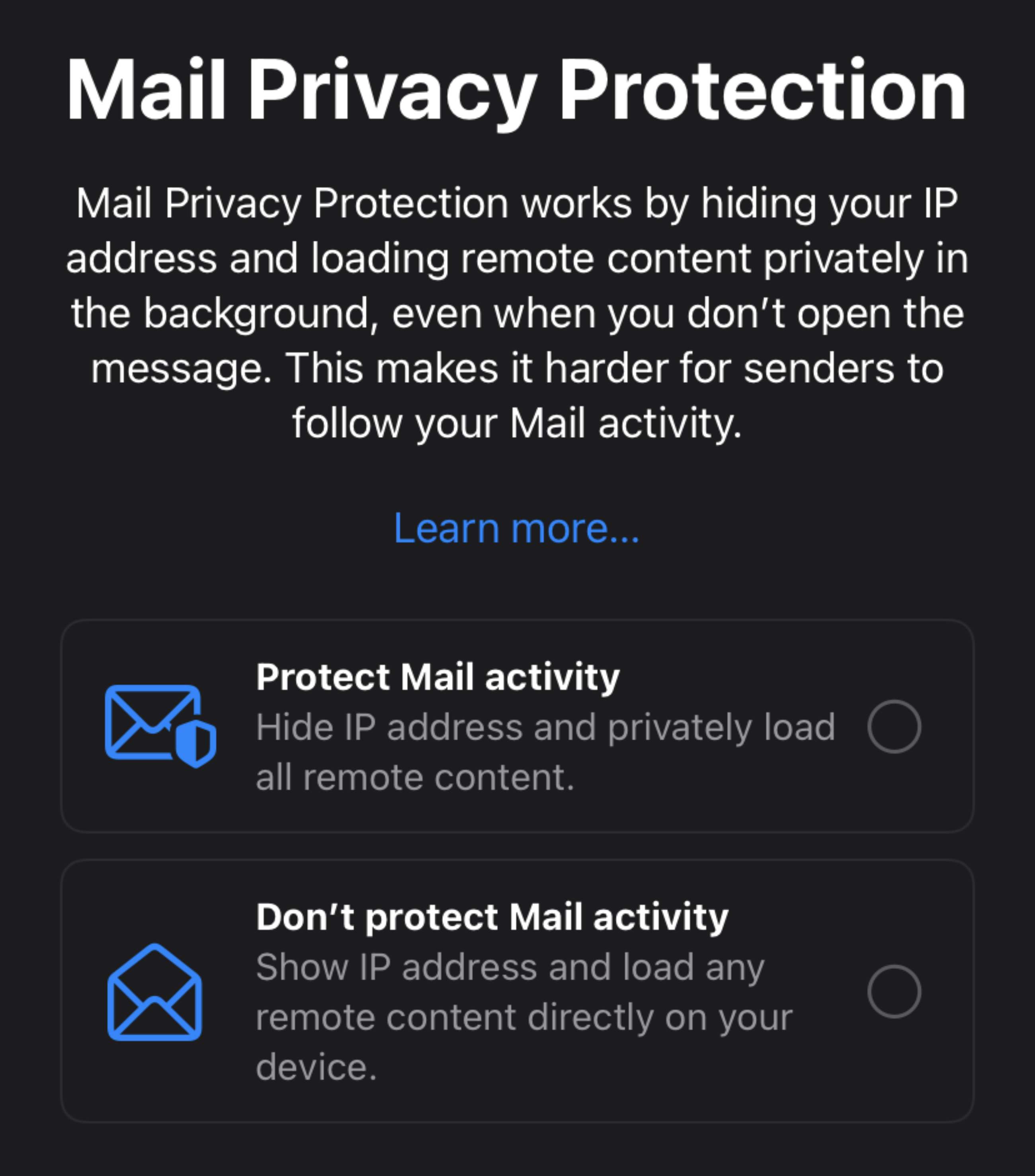 Apple Mail privacy prompt with option to protect mail activity or not