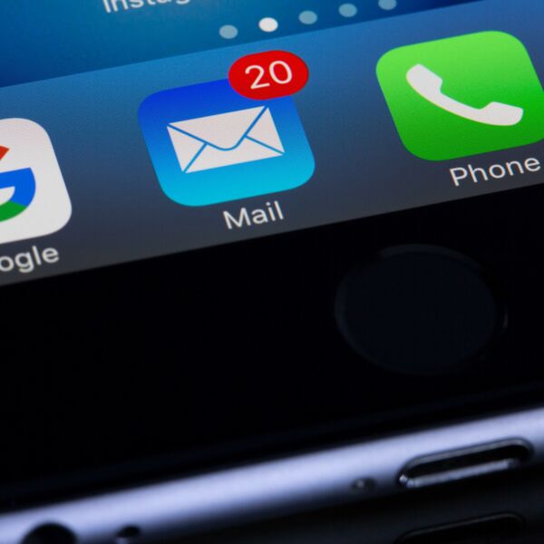 Phone with email app icon showing 20 unread messages