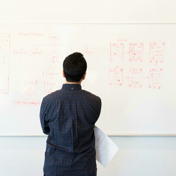 A person with their back to us looking a white board with website or application wireframes and flow charts on it.