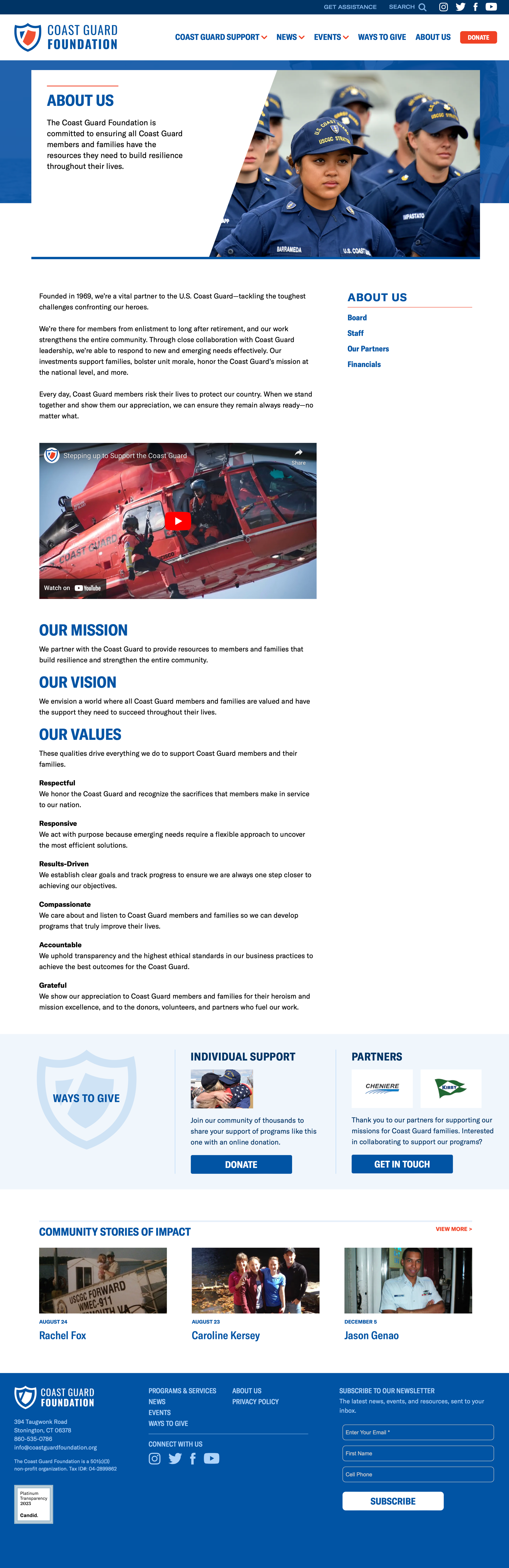 Coast Guard Foundation about page. Has text and video towards top of page that shares the mission and vision of the organization. Has a ways to give section that includes opportunities to donate or contact to partner. Finally, has a section with three community stories, each with an image, that showcases impact.