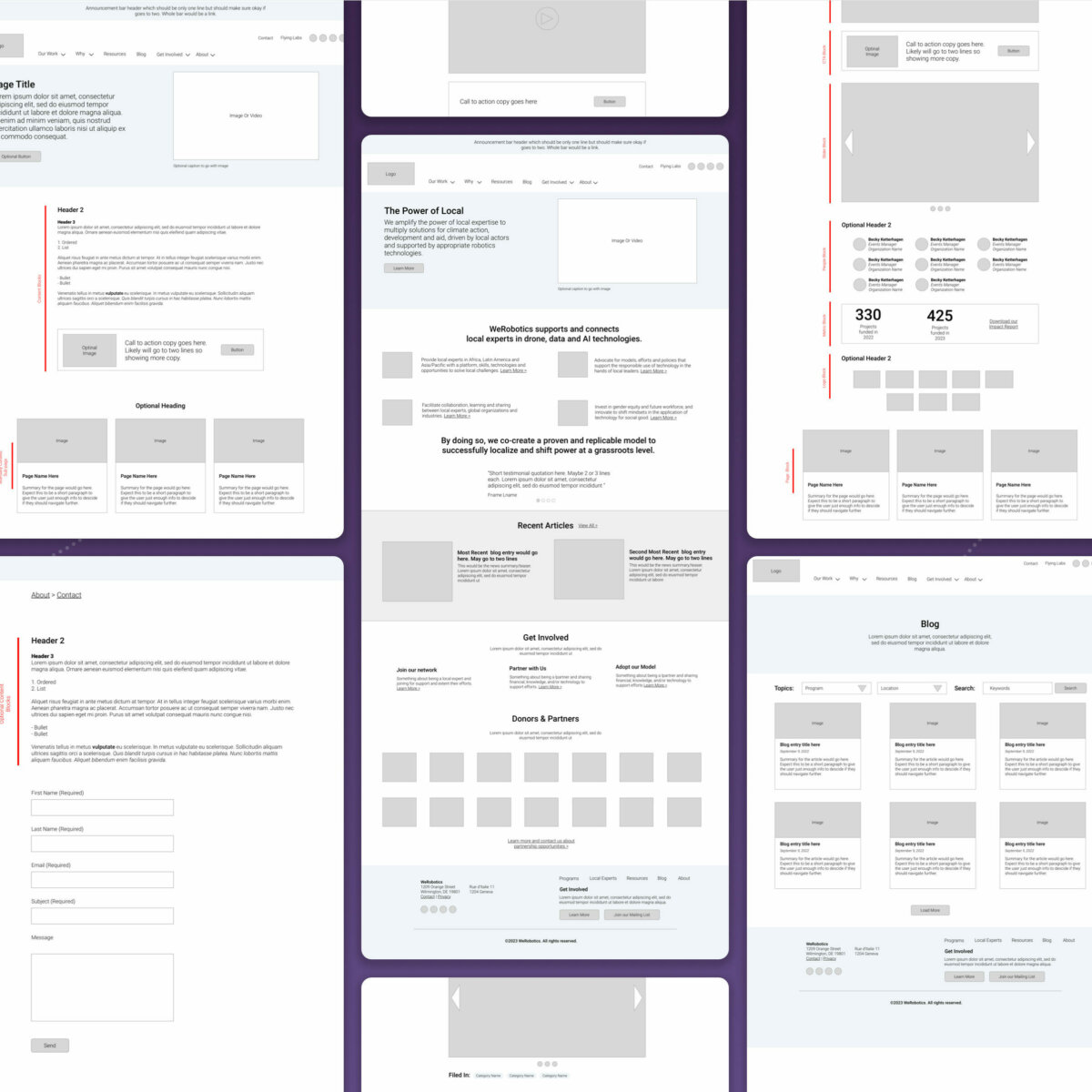 Collection of wireframes showing a blueprint of key pages including the homepage for werobotics.org