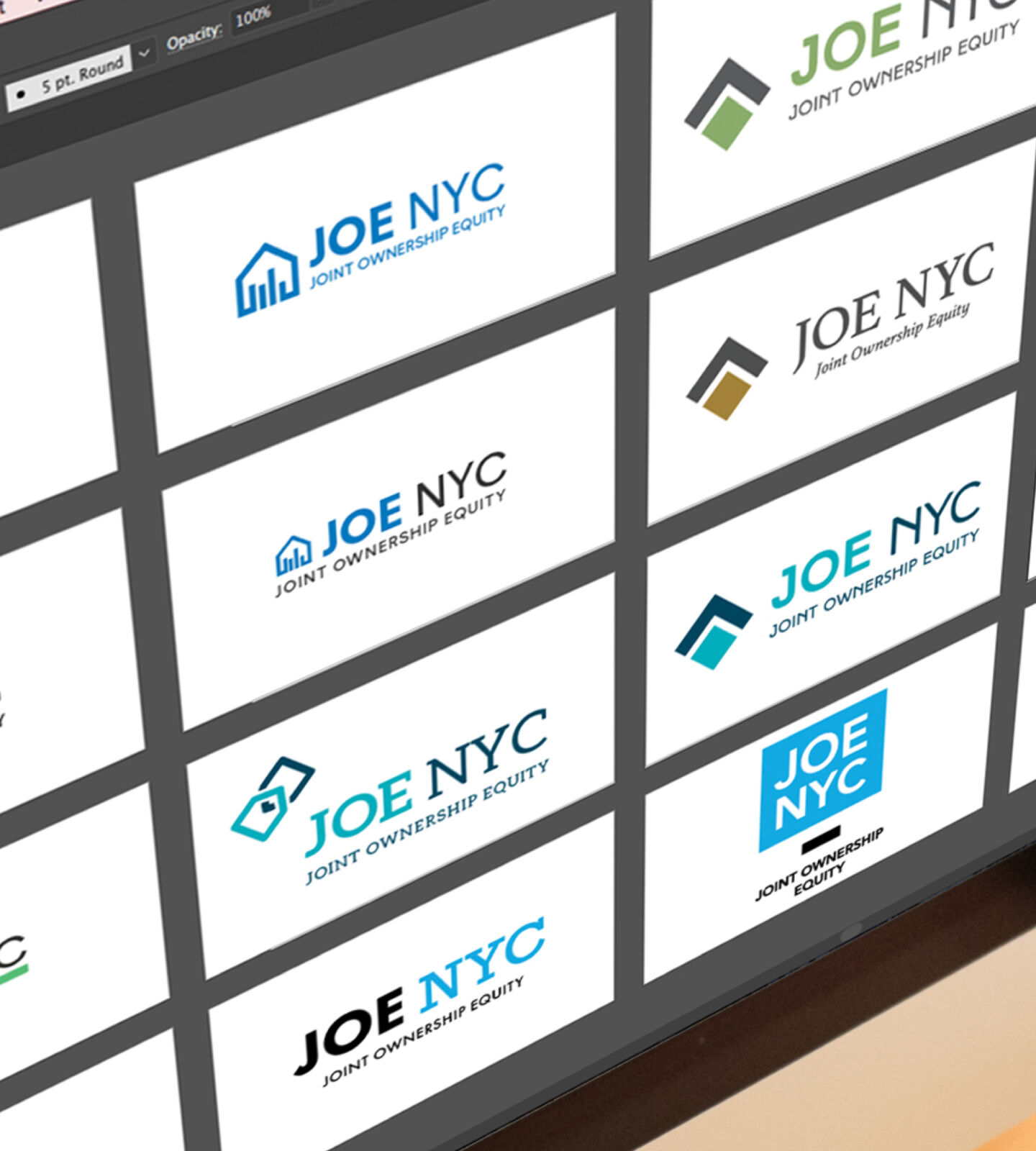 Collection of logo concepts as part of a nonprofit branding effort for JOE NYC.