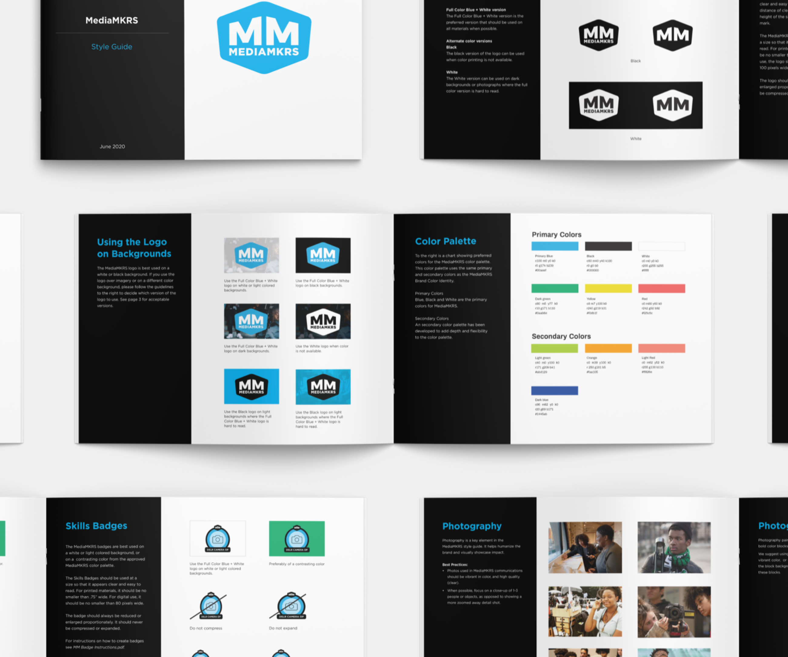 A style guide created for MediaMKRS as part of their nonprofit branding effort. It showcases the logo in different formats and brand colors, imagery, fonts, and more.