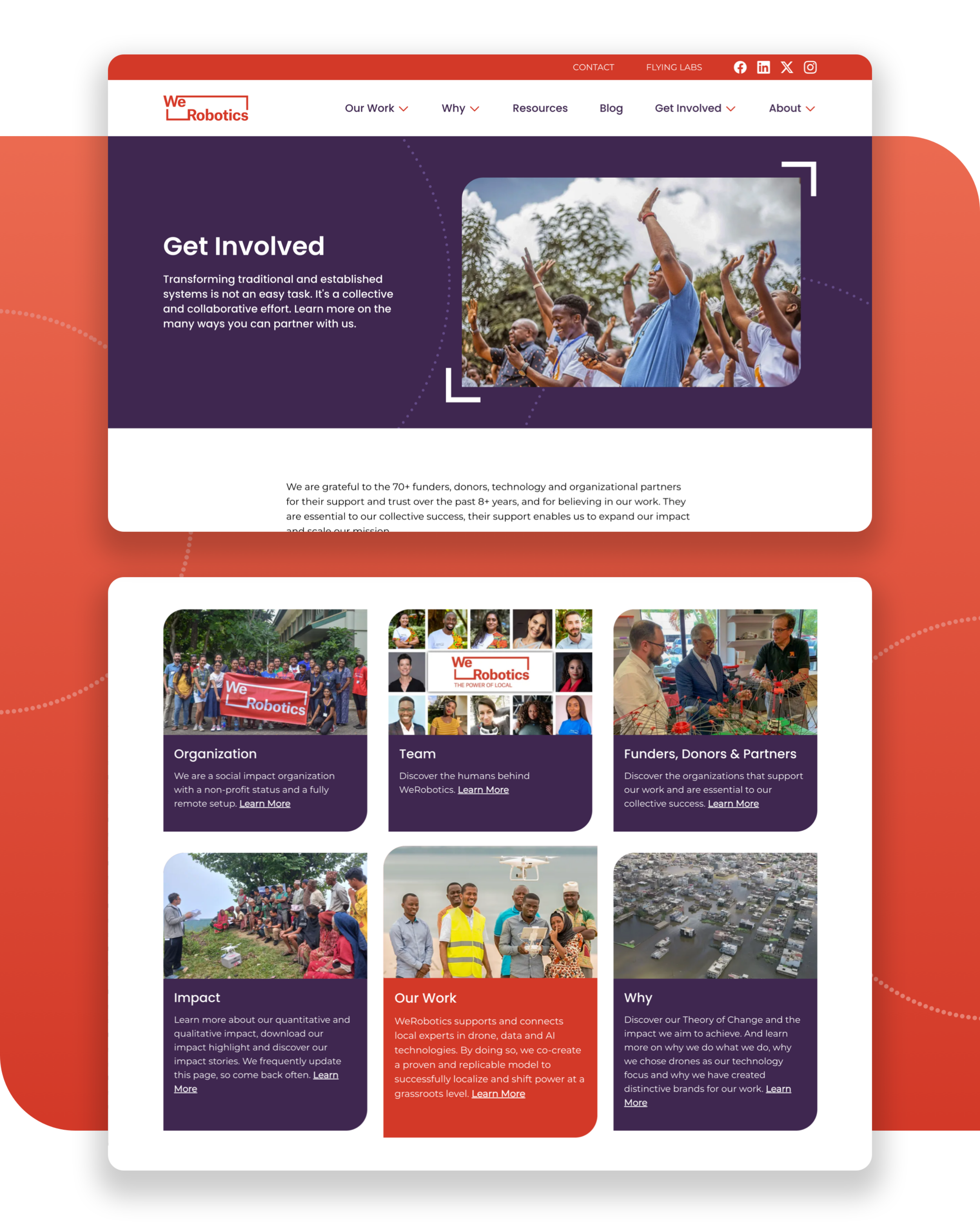 WeRobotics 'Get Involved' webpage featuring their logo design elements throughout the layout, including rounded corner frames on photos and content cards. The page shows six sections - Organization, Team, Funders/Donors/Partners, Impact, Our Work, and Why - each with representative images and descriptions of their humanitarian technology work