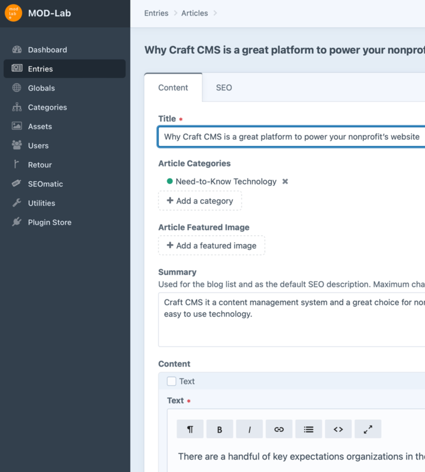 Craft CMS publish screen for article