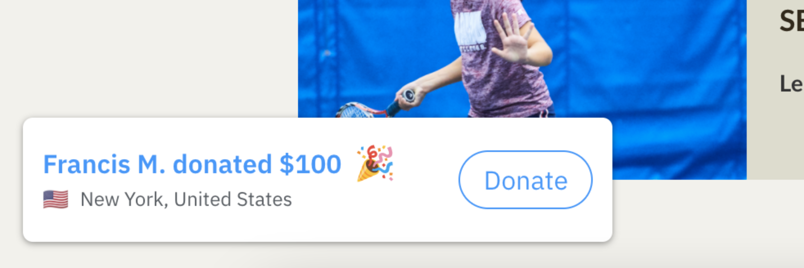 Popup that shows recent donation amount, location and name of donor