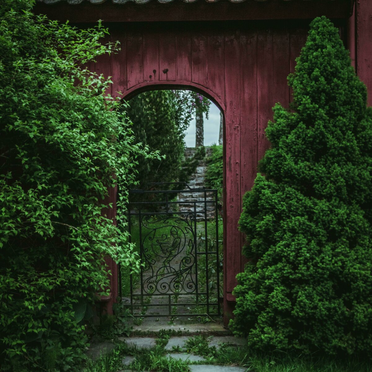 Garden gate with a stone path leading up to it and that is surrounded by vegetation.