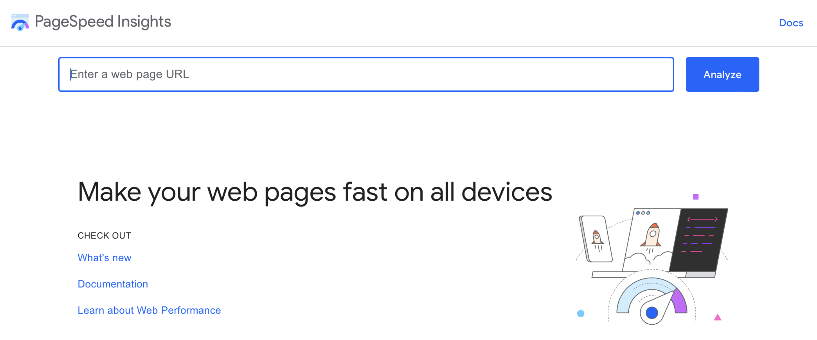 Homepage of Google's PageSpeed Insights with a form to enter the url you want to analyze as well as a button to start the audit.