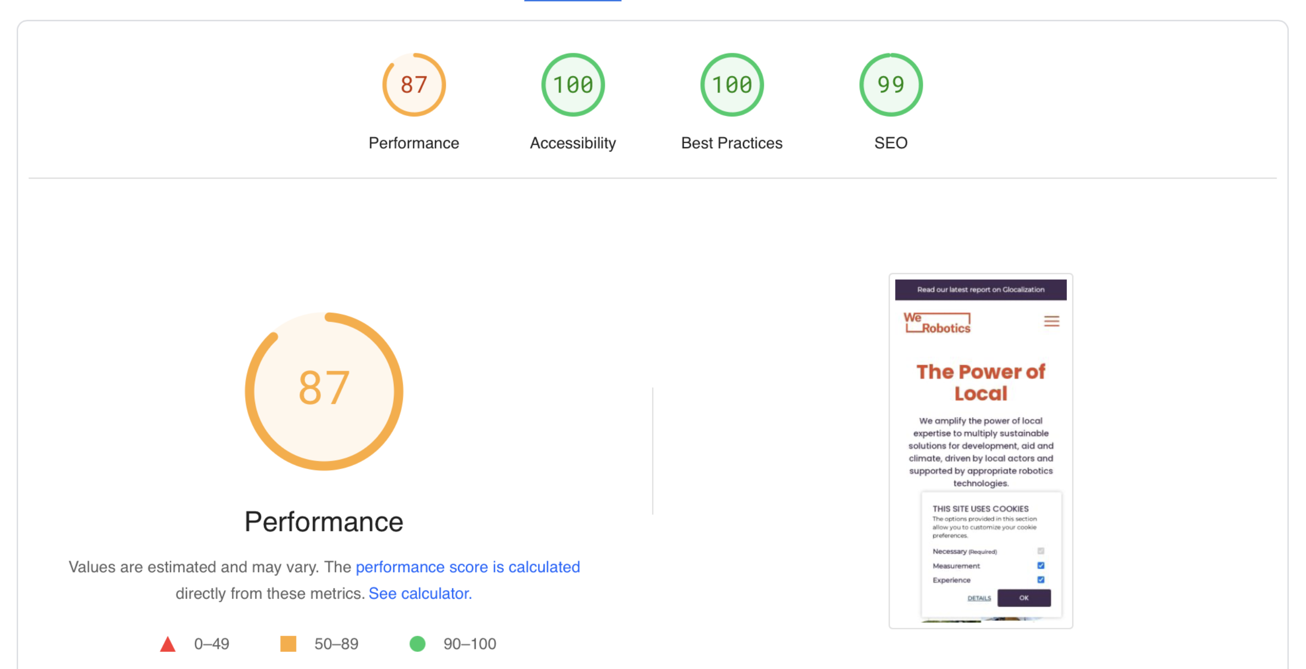 Lighthouse scores showing 87 performance, 100 accessibility, 100 best practices, 99 SEO