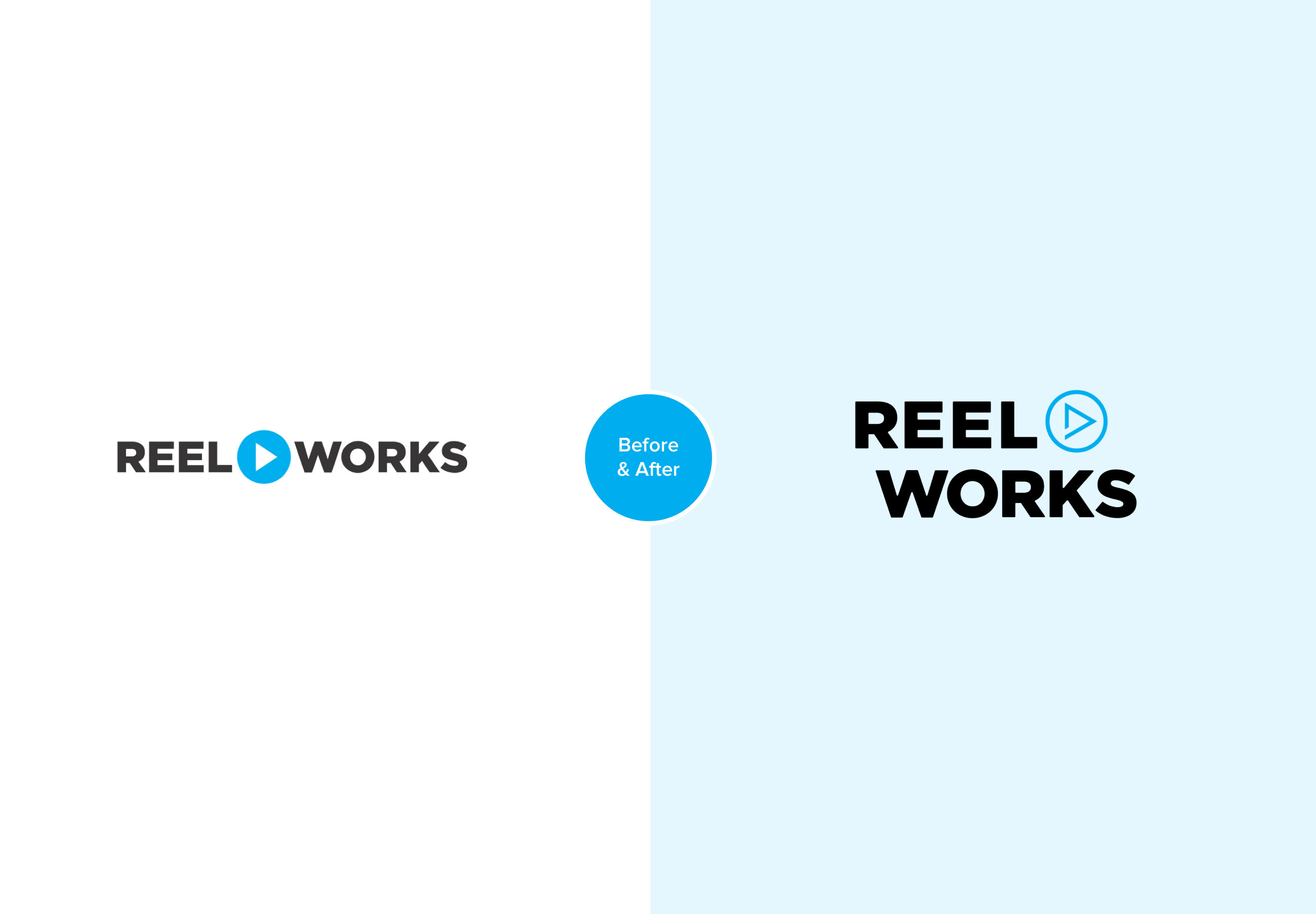 Reel Works before and after logo comparison.