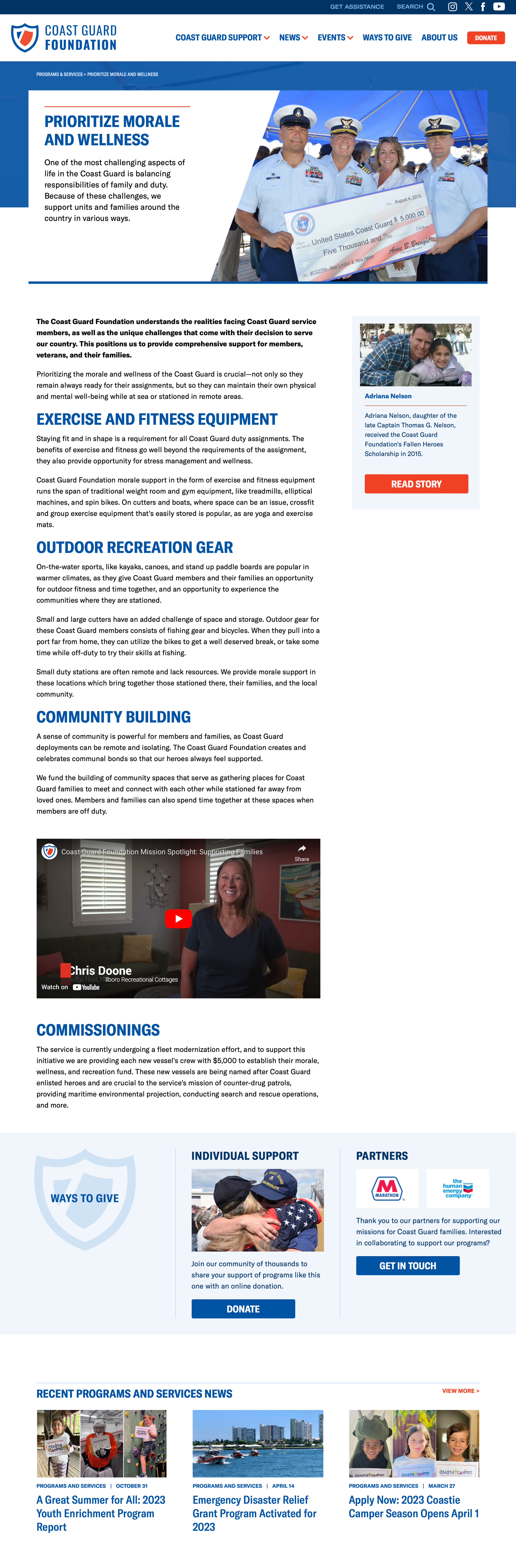 Example program page from coastguardfoundation.org that includes impact stories, highlights supporting partners, and recent program and services news.