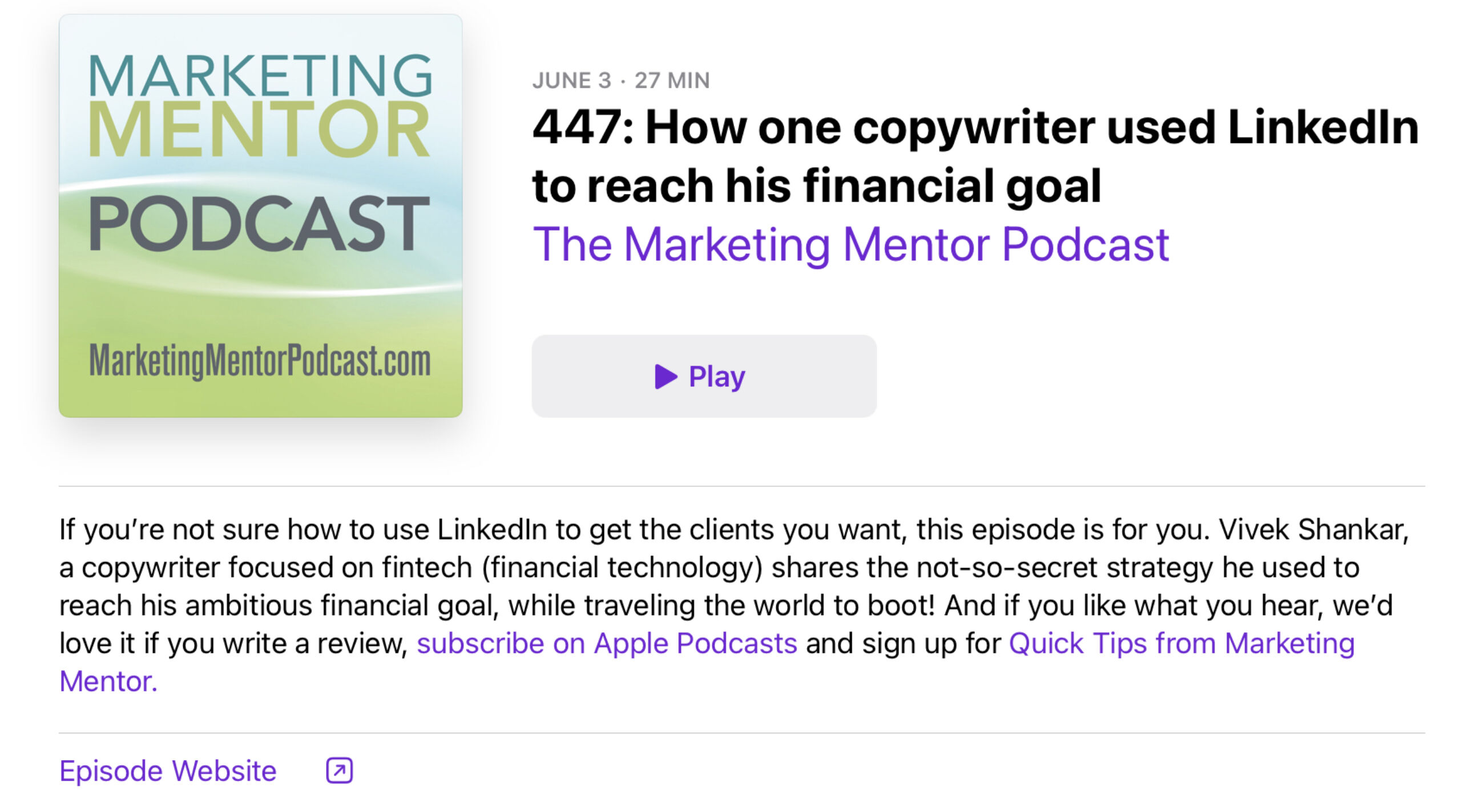 Marketing Mentor podcast profile that includes links in description to subscribe to the podcast and email list