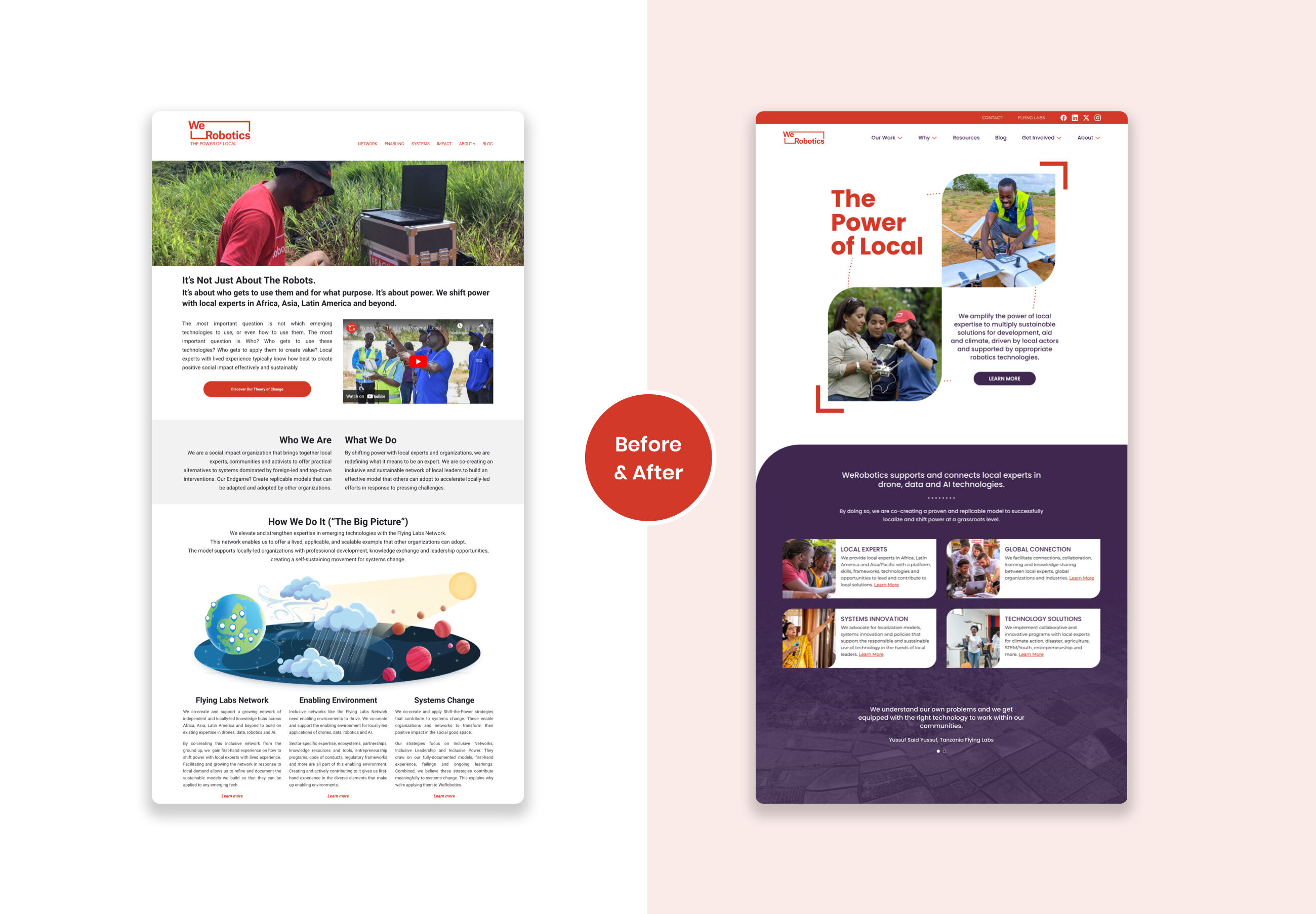 Before and after comparison of WeRobotics website design. The 'before' version on the left shows dense text layout with minimal spacing, while the 'after' version on the right demonstrates strategic use of white space, clearer visual hierarchy, and better content organization with prominent headings and images.