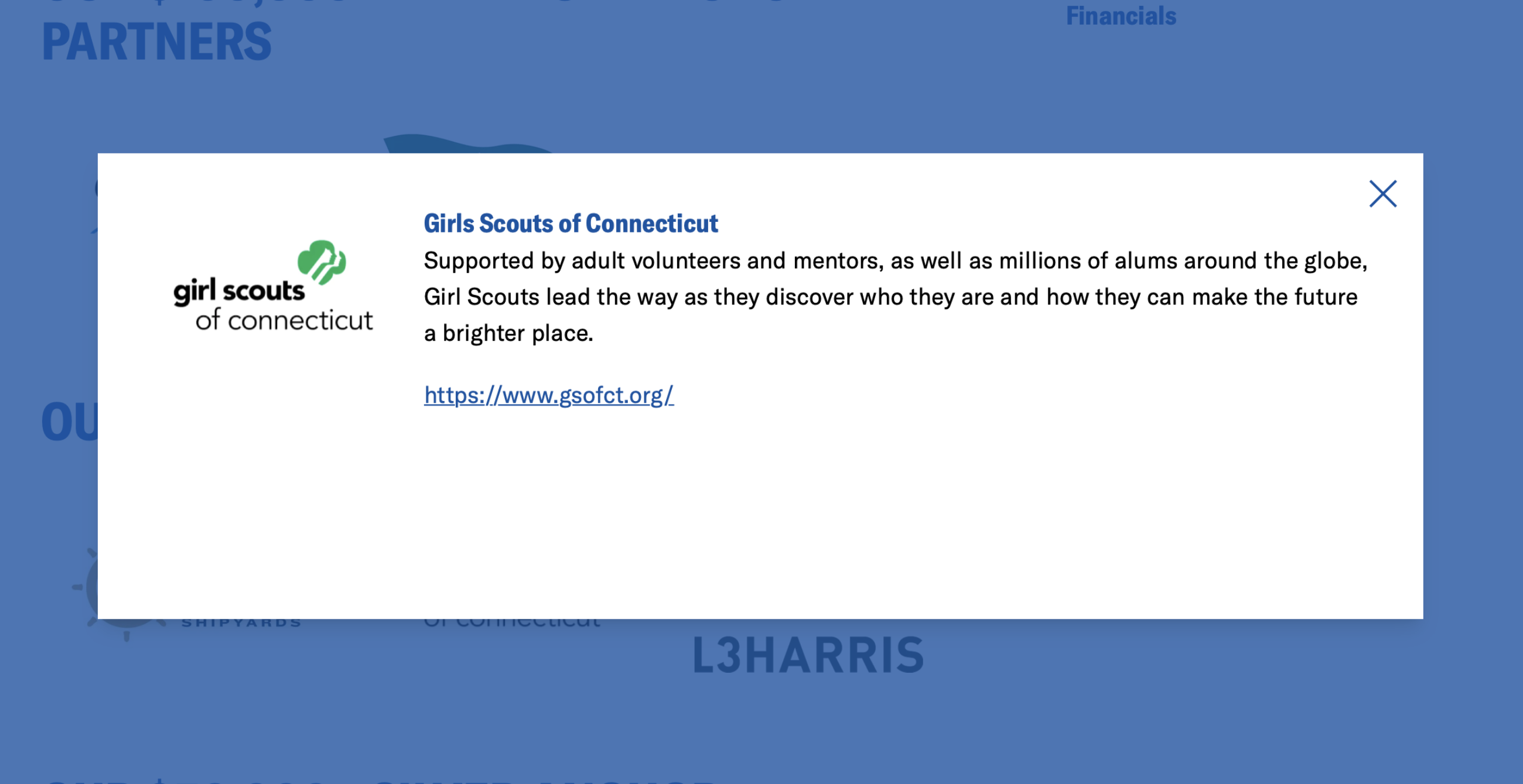 Modal for Girl Scouts of Connecticut and text about their support of the Coast Guard Foundation and a link to their website.