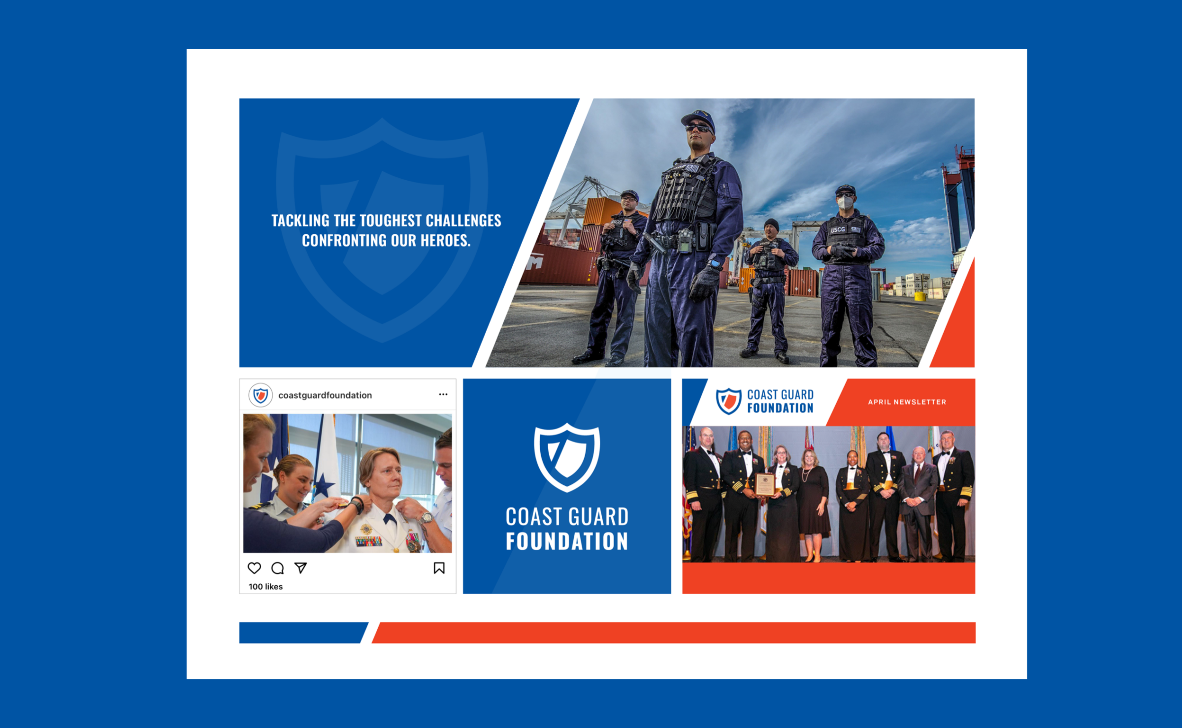 Coast Guard Foundation mood board showcasing their brand identity with blue and orange color palette, diagonal design elements, Coast Guard personnel photos, Instagram post layout, shield logo, and newsletter design