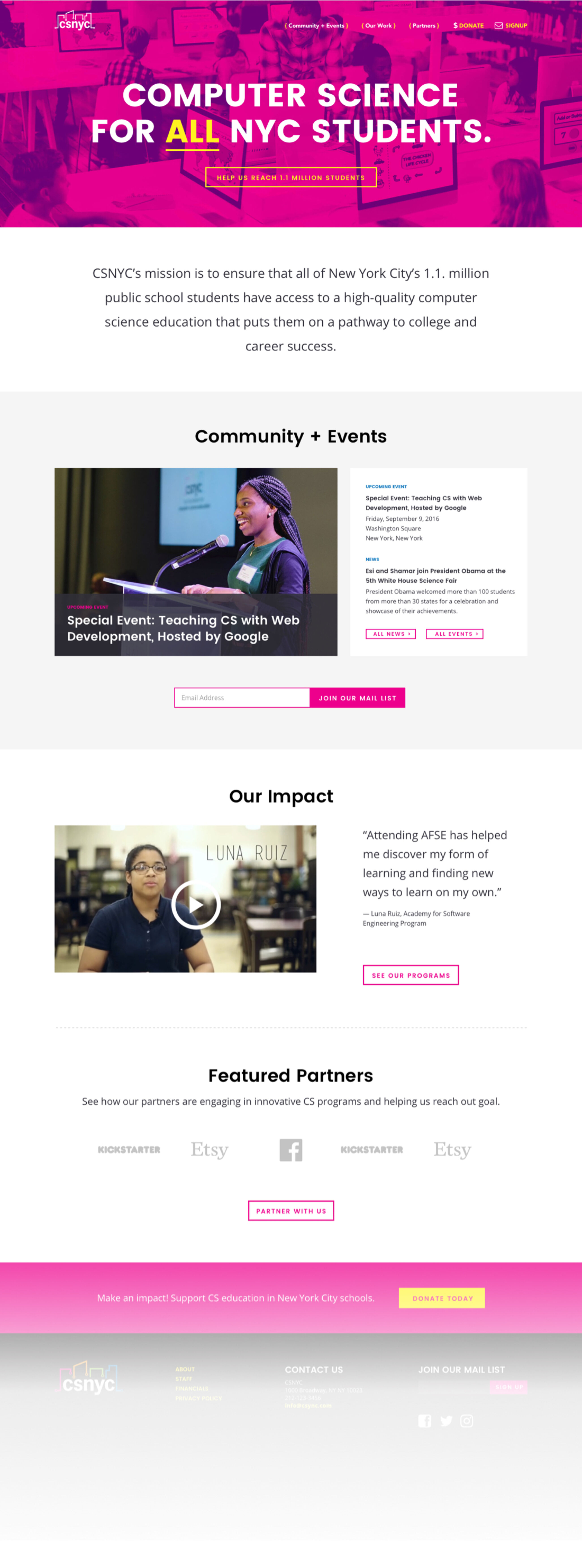 CSNYC website homepage showing mission, community and vents, impact and partners