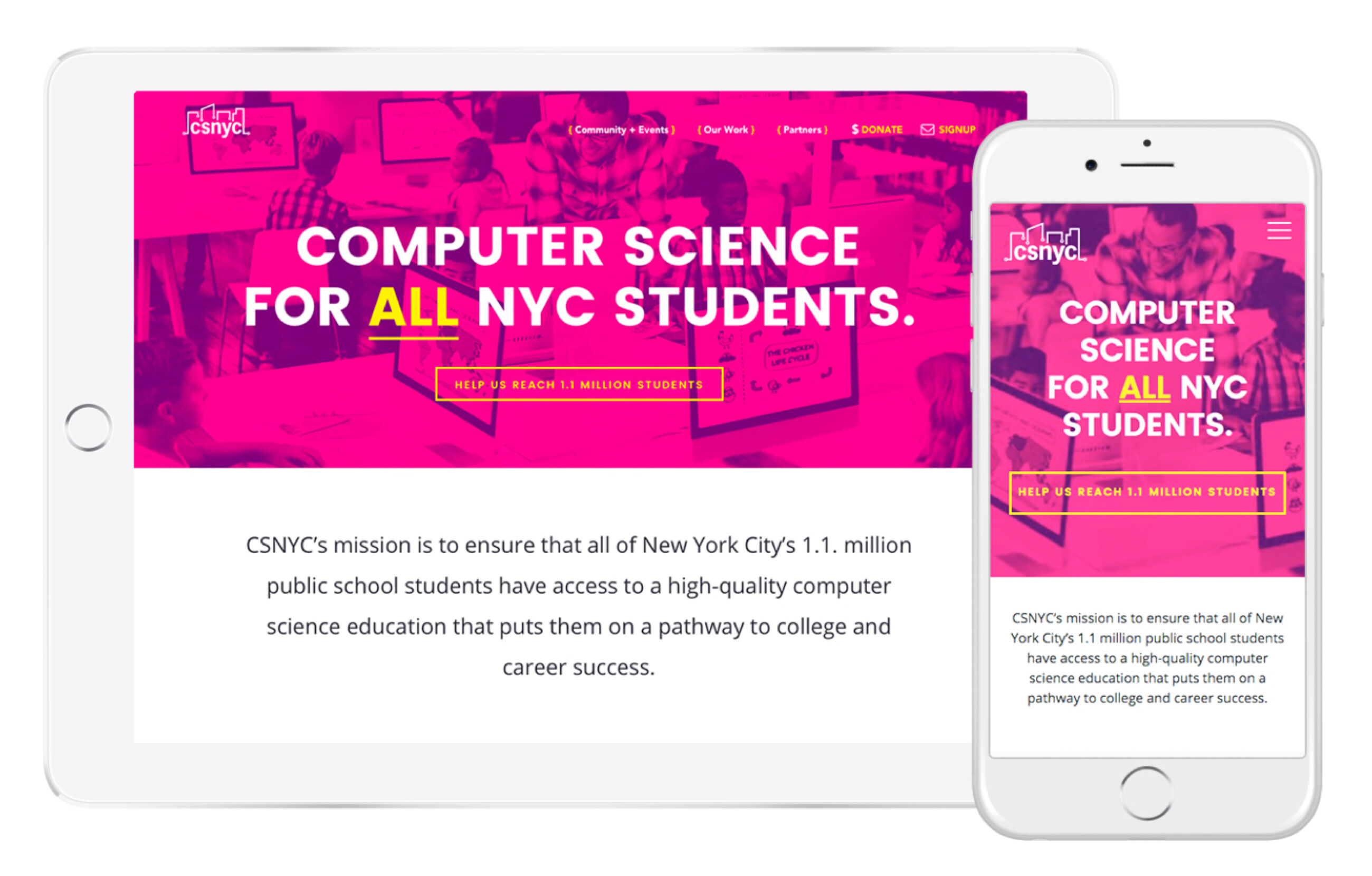 CSNYC website top of the homepage on tablet and phone