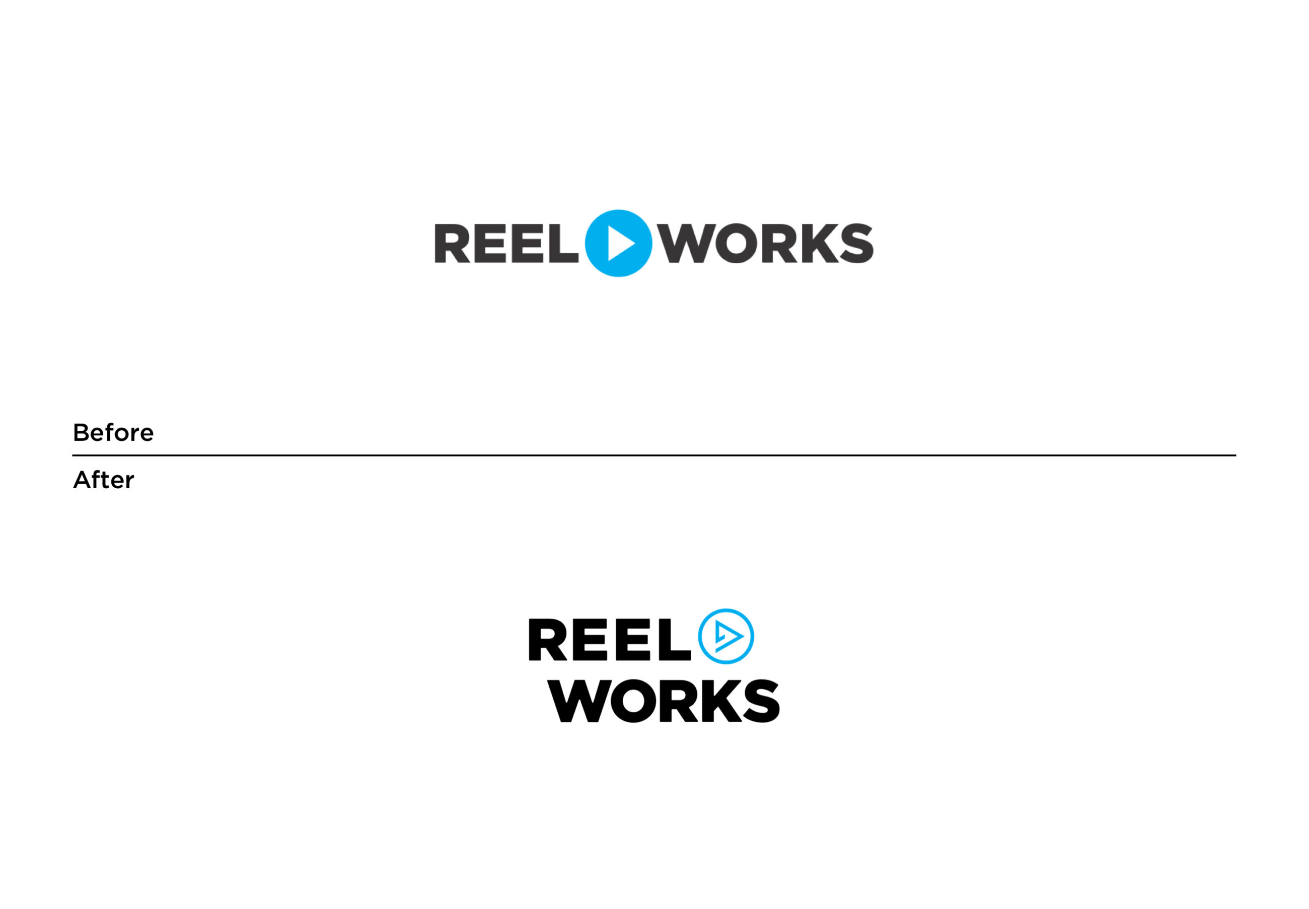 Before and after for Reel Works logo refresh