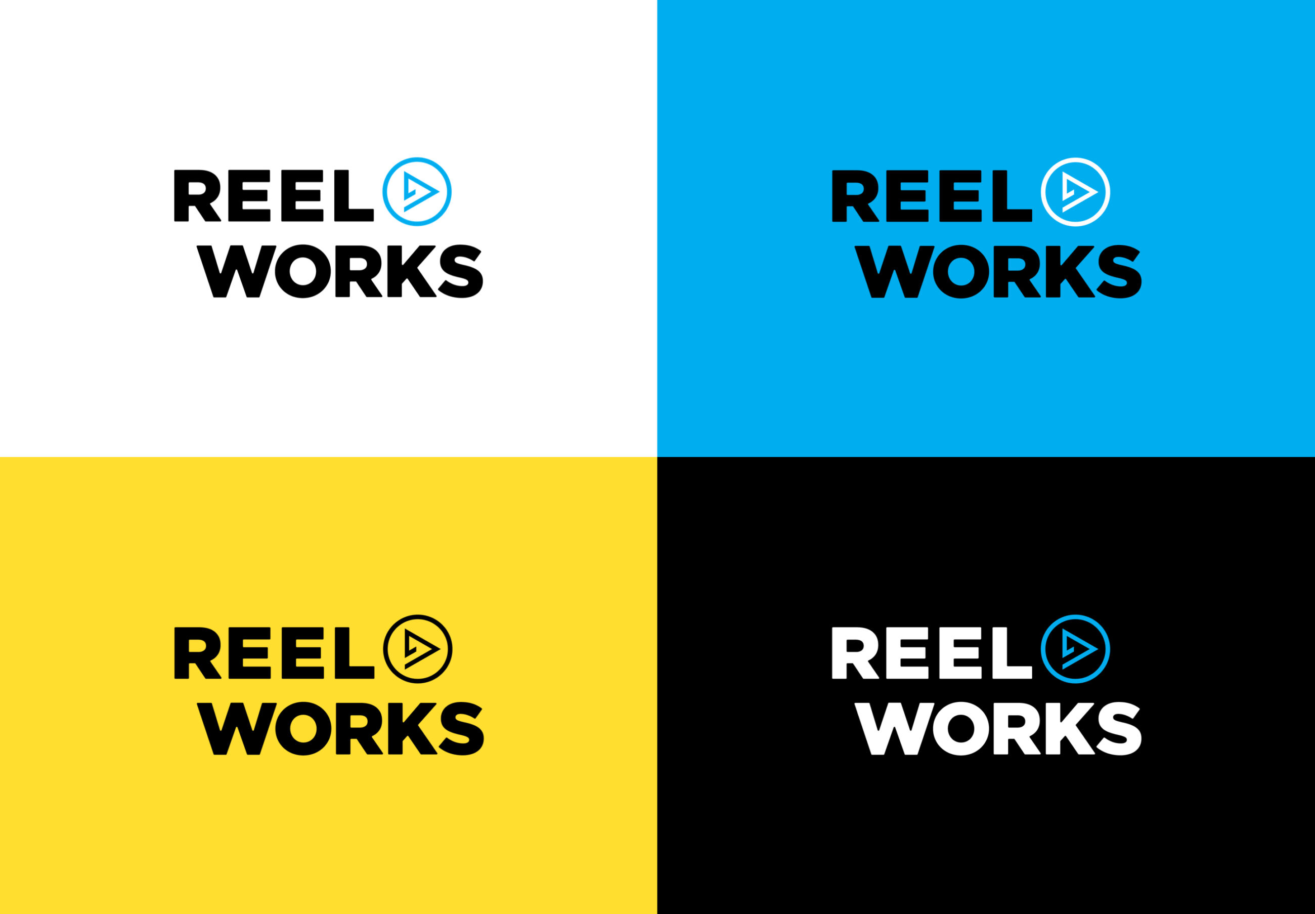 Reel Works logos shown on four different color backgrounds