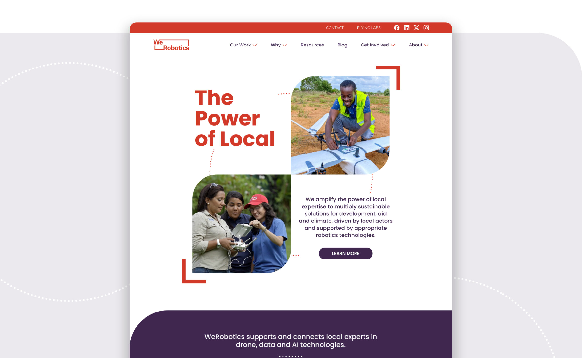 WeRobotics homepage with the hero headline "The Power of Local" and two images showing people working drone technology. This is followed by a section highlighting their three main areas of work - "Local Experts", "Systems Innovation", "Global Connection", and "Technology Solutions".