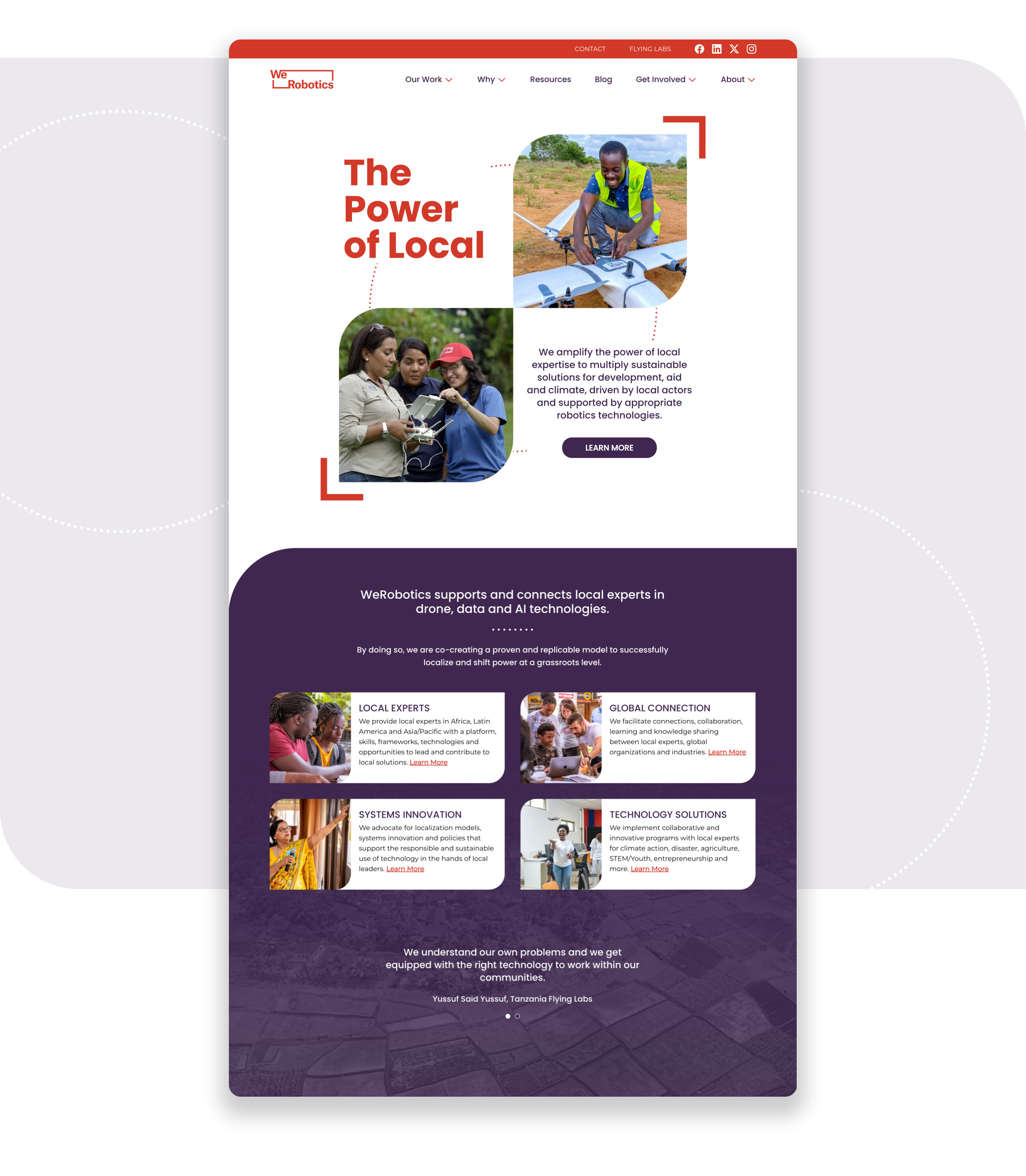 WeRobotics homepage with the hero headline "The Power of Local" and two images showing people working drone technology. This is followed by a section highlighting their three main areas of work - "Local Experts", "Systems Innovation", "Global Connection", and "Technology Solutions".