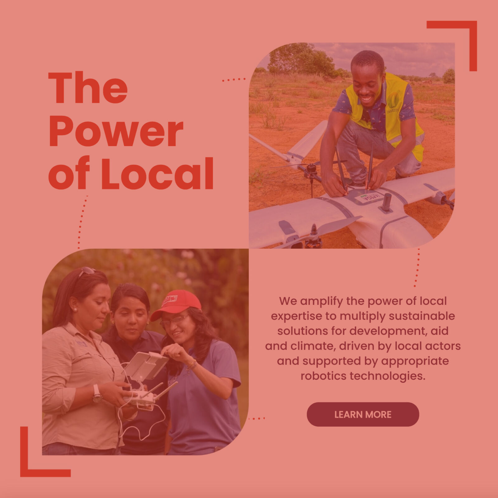WeRobotics hero from new website highlighting the "Power of Local" with a tinted overlay using their brand red.